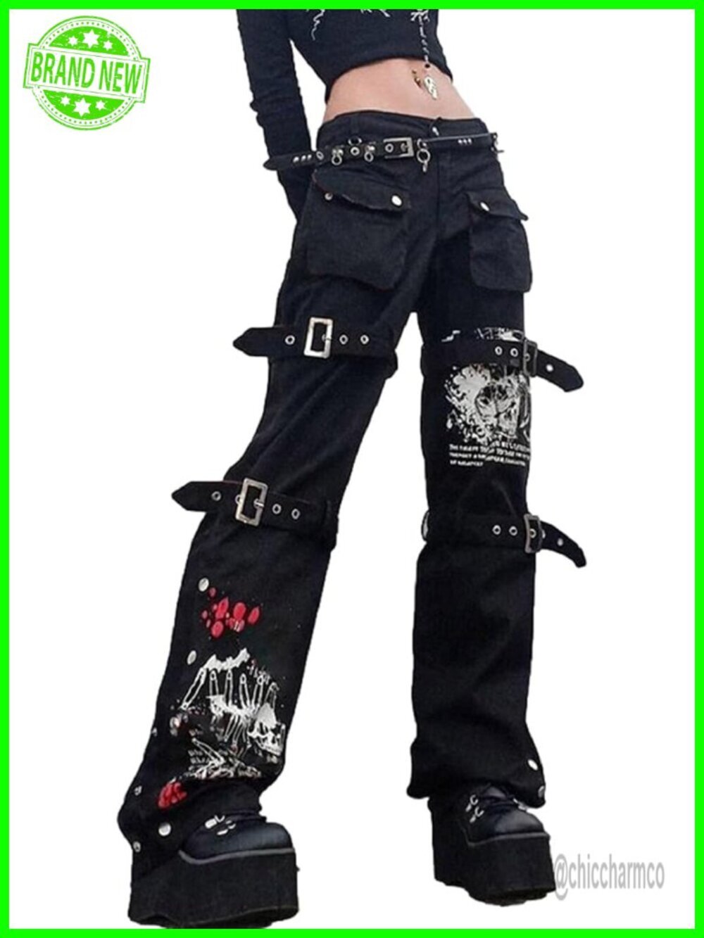 Women Gothic Cargo Pants Loose Low Waist Wide Leg Baggy Jeans Punk Streetwear